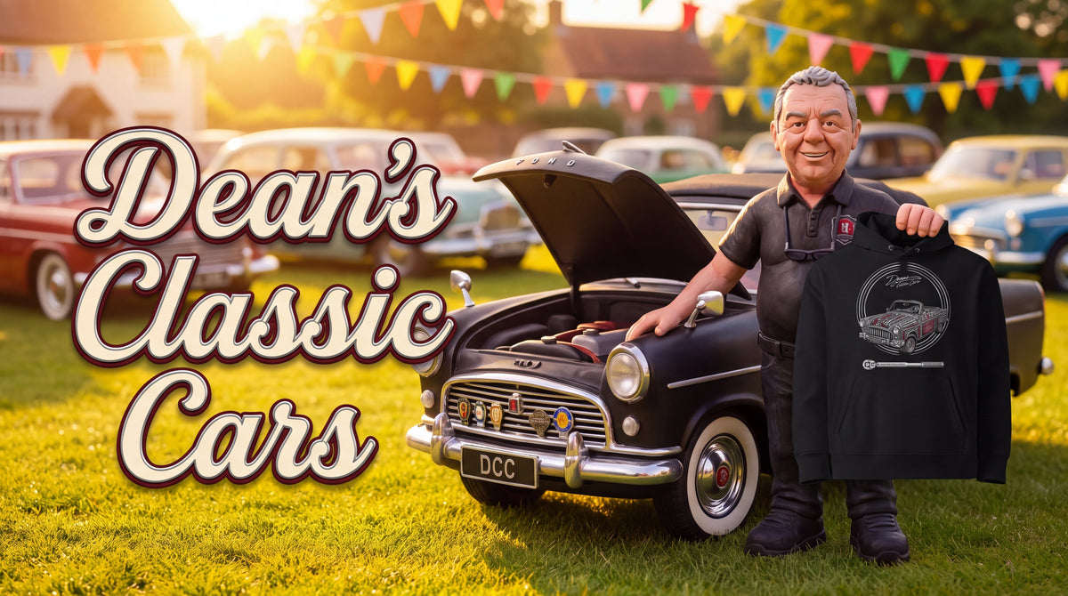 Dean's Classic Cars: Dean and his black Ford Consul at a sunny classic car show, holding up his Consul Convertible hoodie