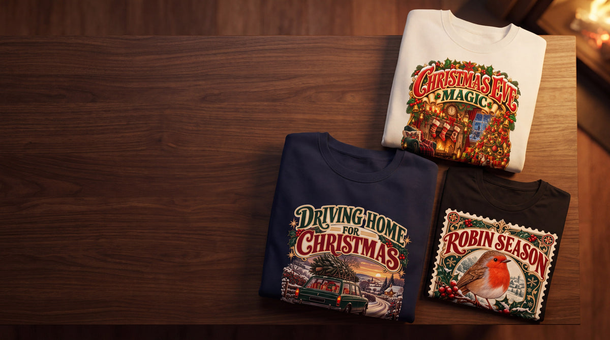 Nostalgic Christmas designs on folded sweatshirts
