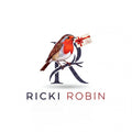 Ricki Robin gift card — illustration of a robin perched on the stylised "R" of the wordmark, holding a small "Gift Card" tag in its beak, above the Ricki Robin wordmark on a white background