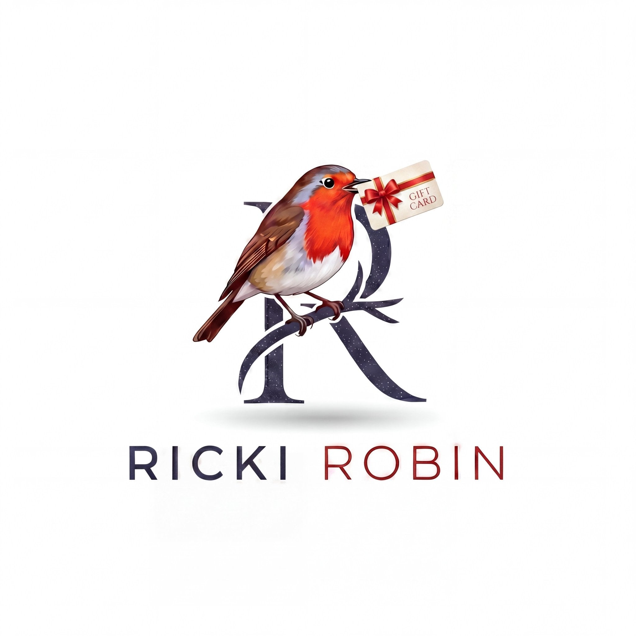 Ricki Robin gift card — illustration of a robin perched on the stylised "R" of the wordmark, holding a small "Gift Card" tag in its beak, above the Ricki Robin wordmark on a white background