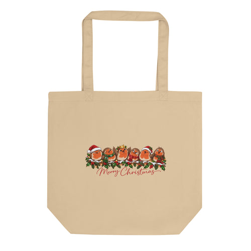 Robins on Holly Merry Christmas Christmas tote bag, front