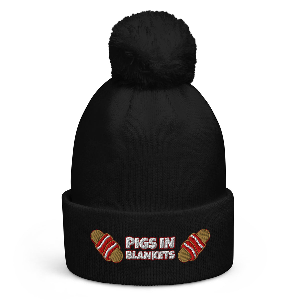 Pigs In Blankets Christmas pom-pom beanie in Black