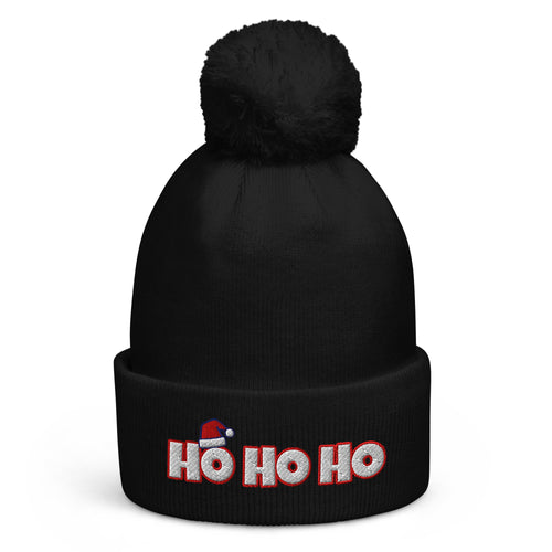 Ho Ho Ho Christmas pom-pom beanie in Black