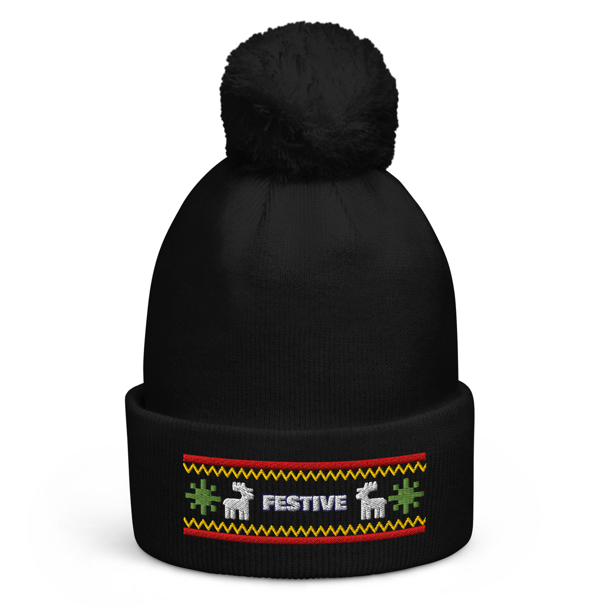 Fair Isle Christmas pom-pom beanie in Black