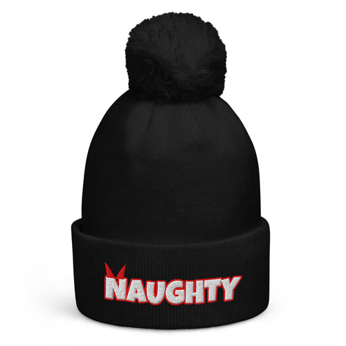 Naughty Christmas pom-pom beanie in Black