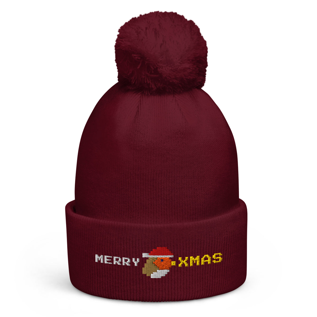 8-Bit Robin Title Screen Christmas pom-pom beanie in Burgundy
