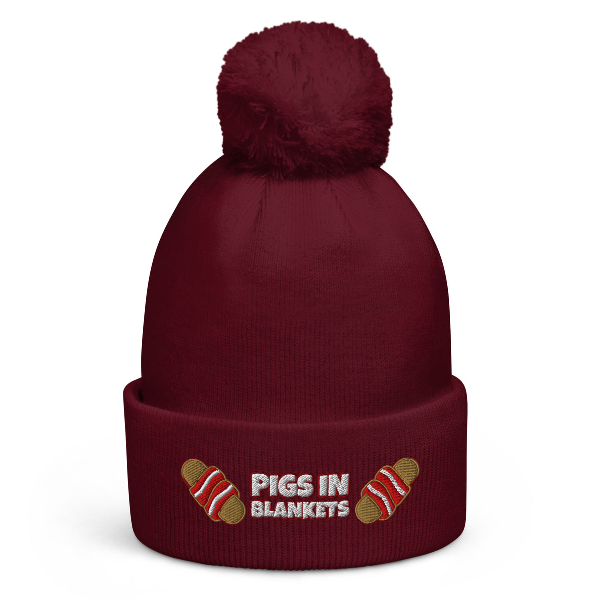 Pigs In Blankets Christmas pom-pom beanie in Burgundy