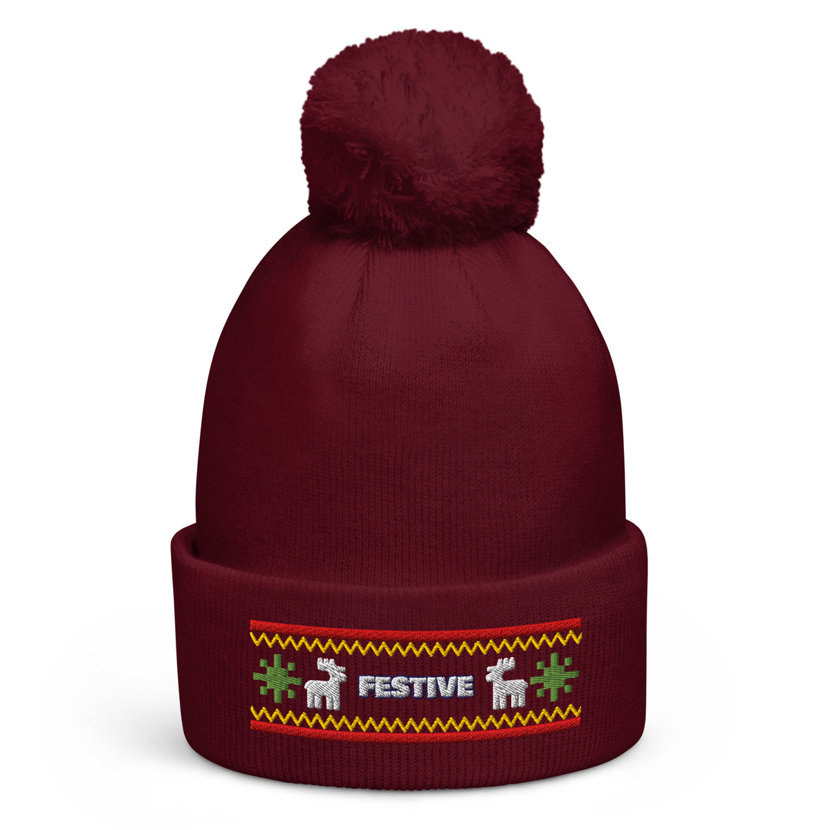 Fair Isle Christmas pom-pom beanie in Burgundy