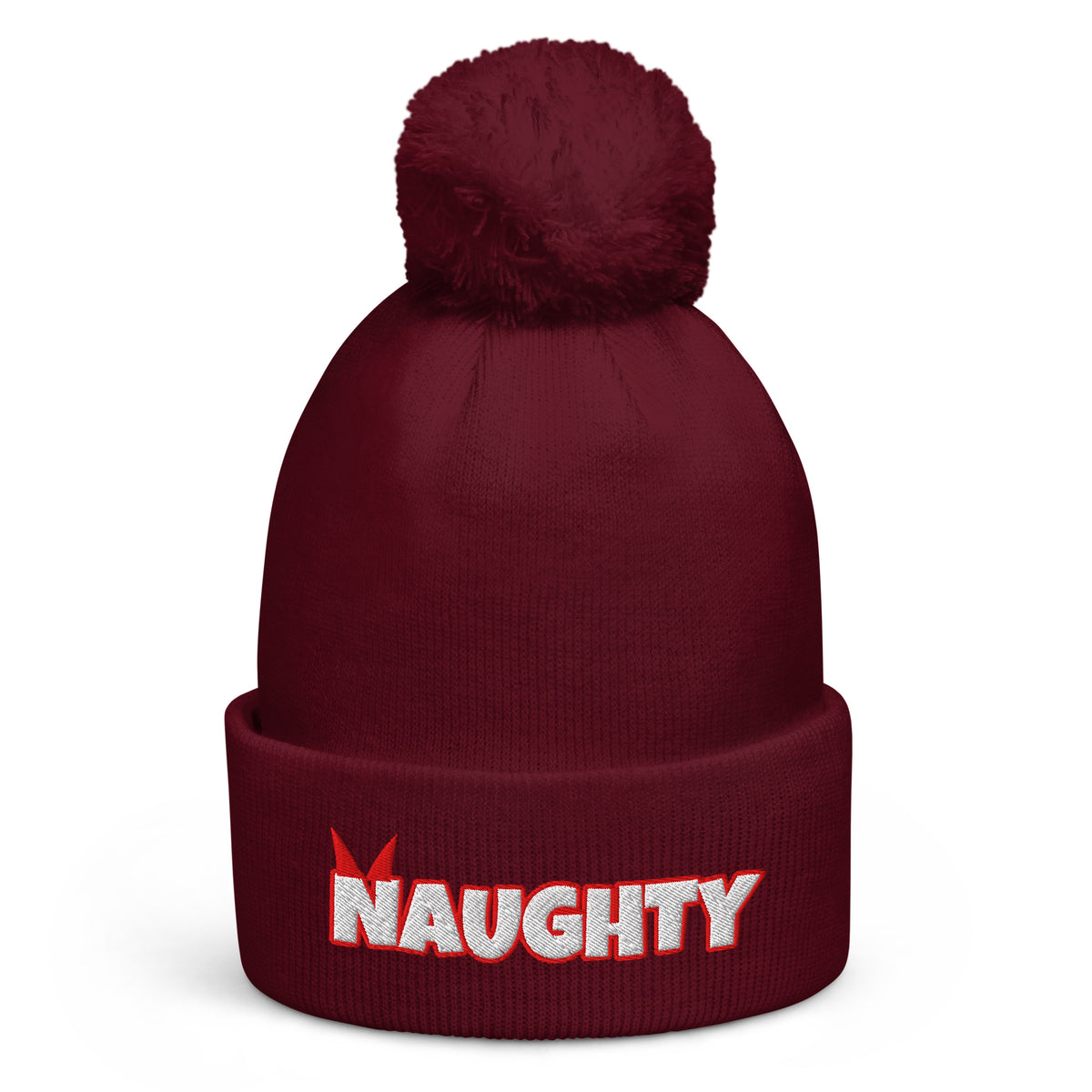 Naughty Christmas pom-pom beanie in Burgundy
