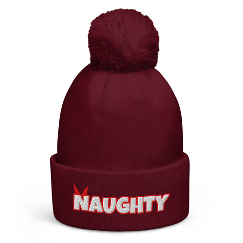 Naughty Christmas pom-pom beanie in Burgundy