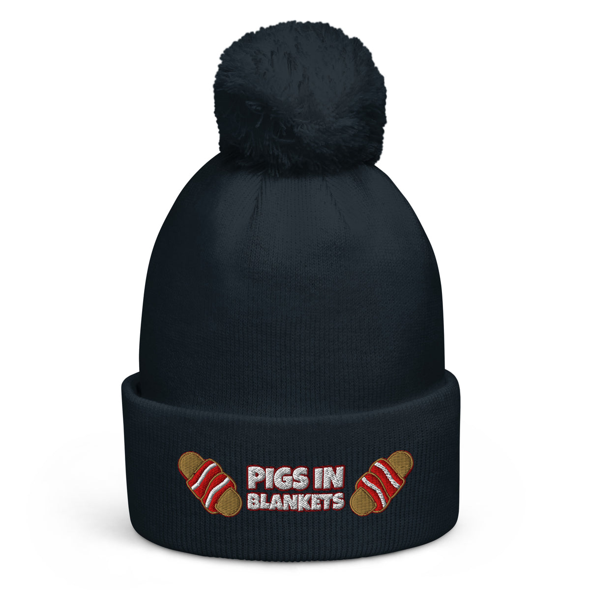 Pigs In Blankets Christmas pom-pom beanie in French Navy
