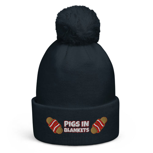 Pigs In Blankets Christmas pom-pom beanie in French Navy