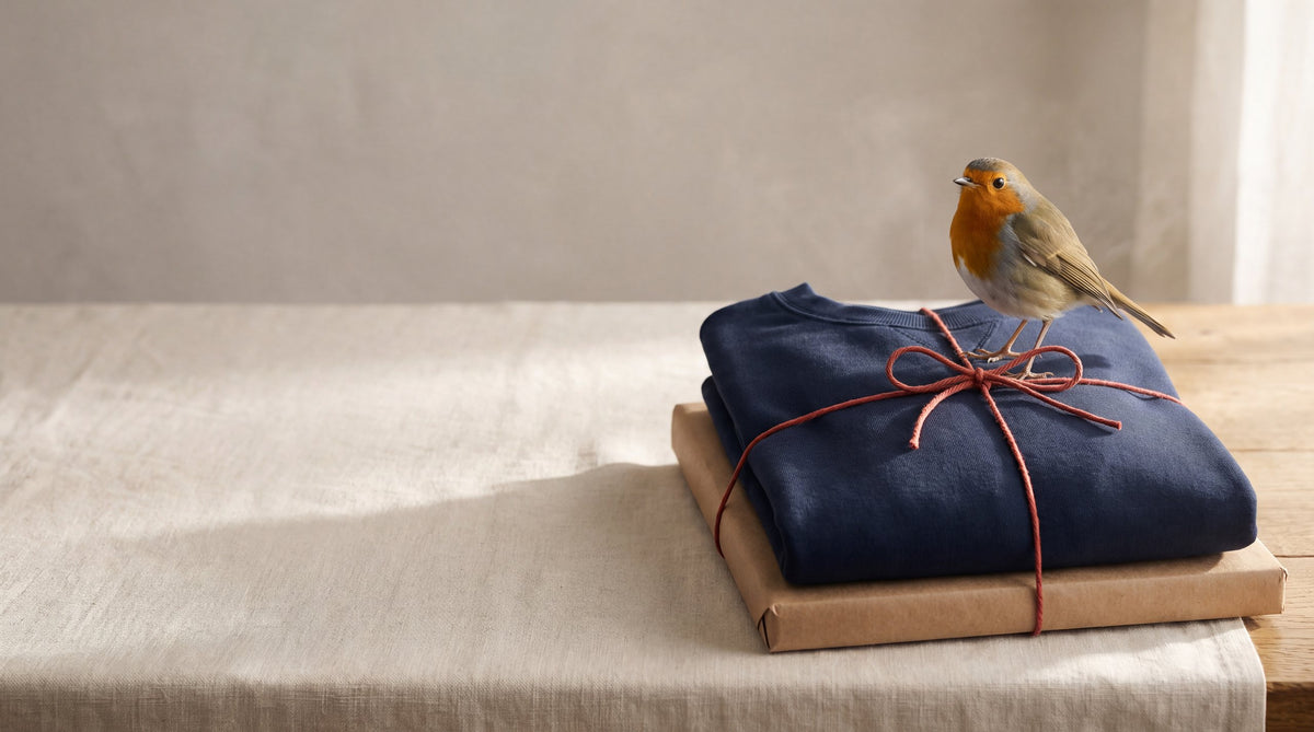 A folded navy sweatshirt tied with red twine on a kraft paper parcel, with a robin perched on the bow