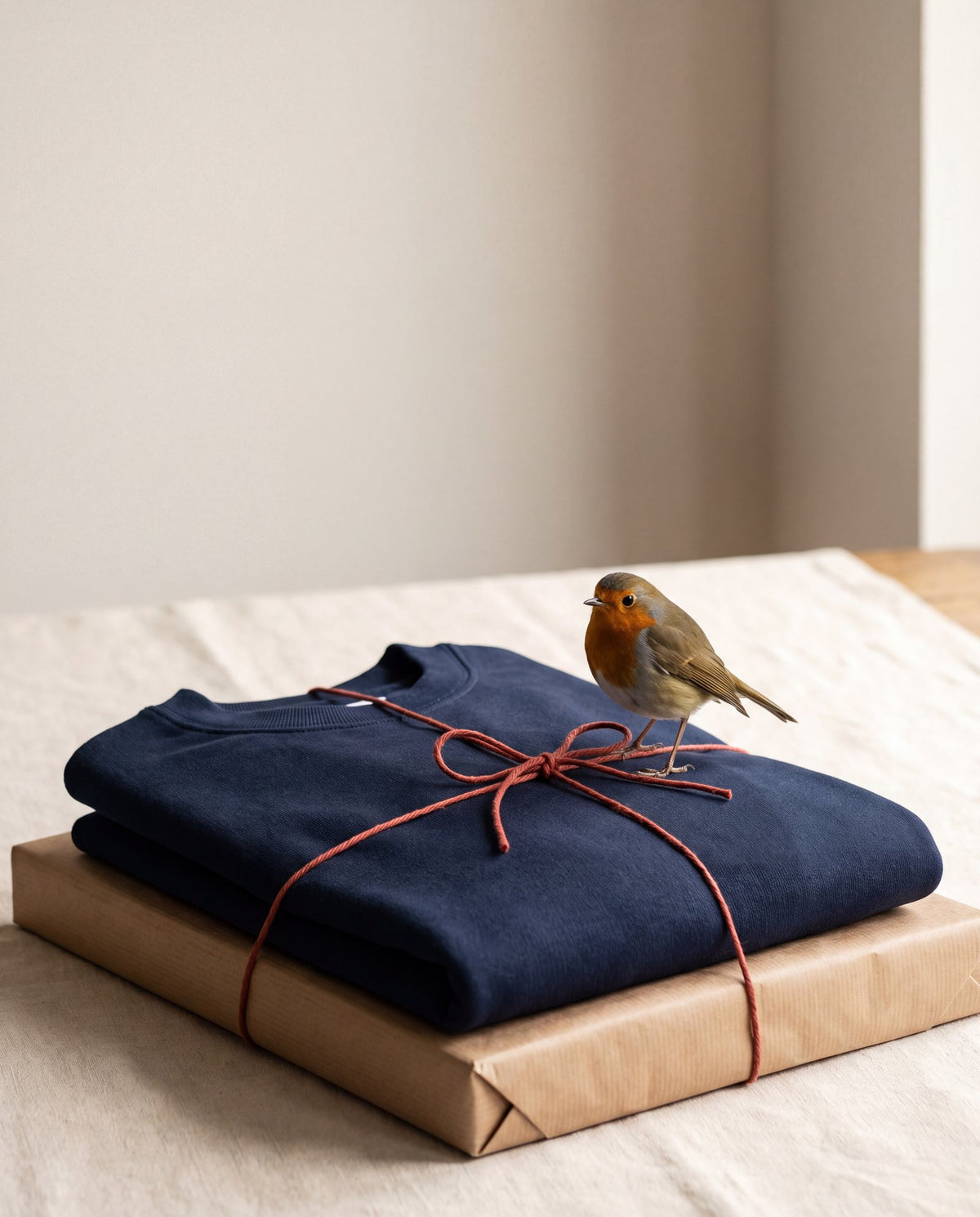 A folded navy sweatshirt tied with red twine on a kraft paper parcel, with a robin perched on the bow