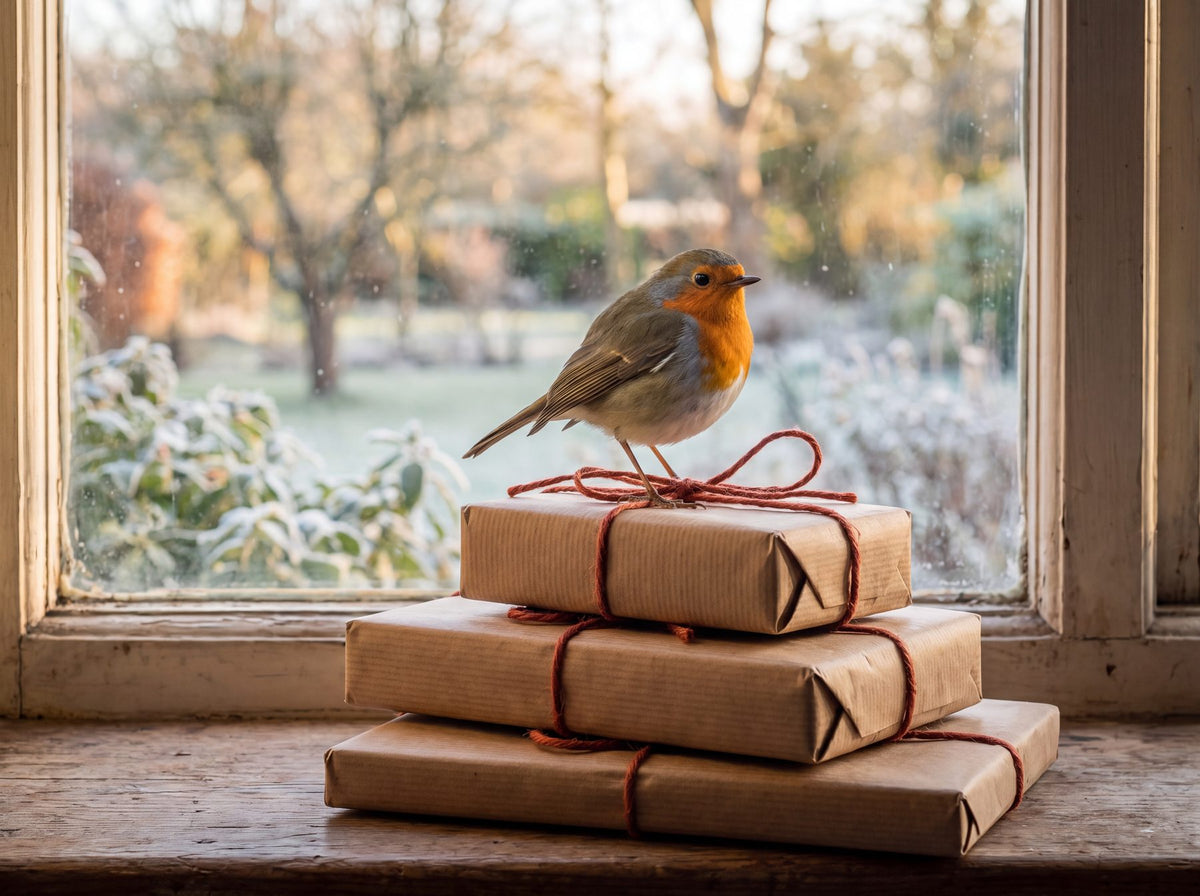 A robin perched on a stack of parcels tied with red twine on a frosty windowsill