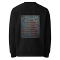 Stop Renegotiating sweater, black — back view of dark leather slogan plate with chain detail and robin, reading "To be the exception is to stop renegotiating, every Sunday, the size of the life you are allowed to want." — Ricki Robin