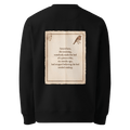 Made The Bed sweater, black — back view of aged paper slogan plate with robin, reading "Somewhere, this morning, somebody made the bed of a person who, six months ago, had stopped believing the bed needed making." — Ricki Robin
