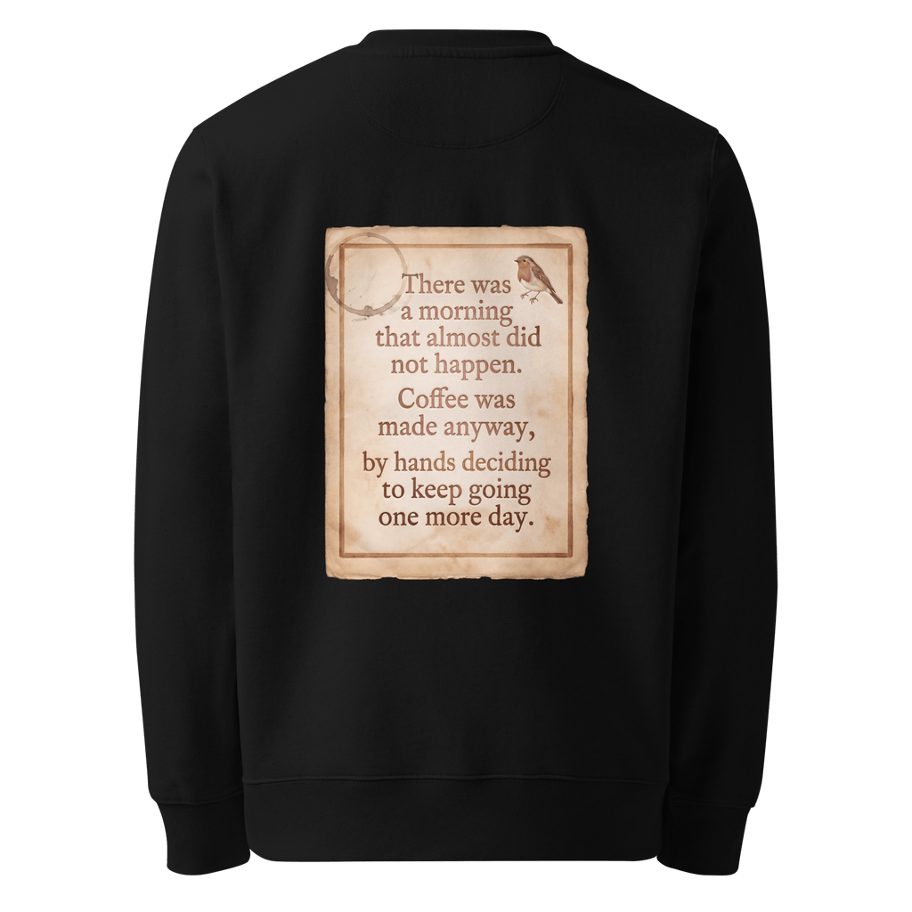 Made Anyway sweater, black — back view of coffee-stained paper slogan plate with robin, reading "There was a morning that almost did not happen. Coffee was made anyway, by hands deciding to keep going one more day." — Ricki Robin