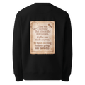 Made Anyway sweater, black — back view of coffee-stained paper slogan plate with robin, reading "There was a morning that almost did not happen. Coffee was made anyway, by hands deciding to keep going one more day." — Ricki Robin