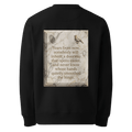 Quietly Smoothed sweater, black — back view of marble slogan plate with fingerprint and robin, reading "Years from now, somebody will inherit a doorway that opens easier, and never know whose hands quietly smoothed the hinge." — Ricki Robin
