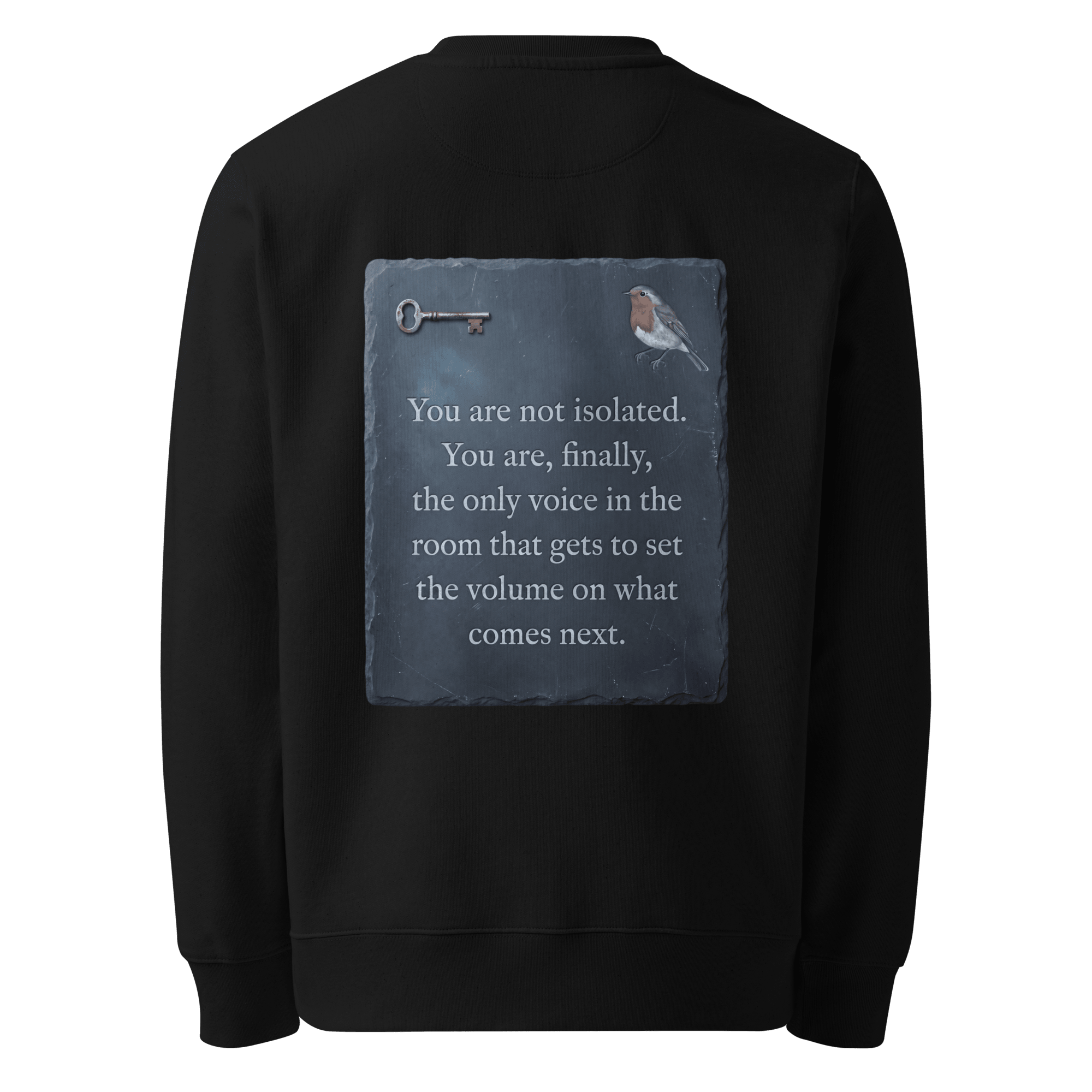Set The Volume sweater, black — back view of slate slogan plate with key and robin, reading "You are not isolated. You are, finally, the only voice in the room that gets to set the volume on what comes next." — Ricki Robin