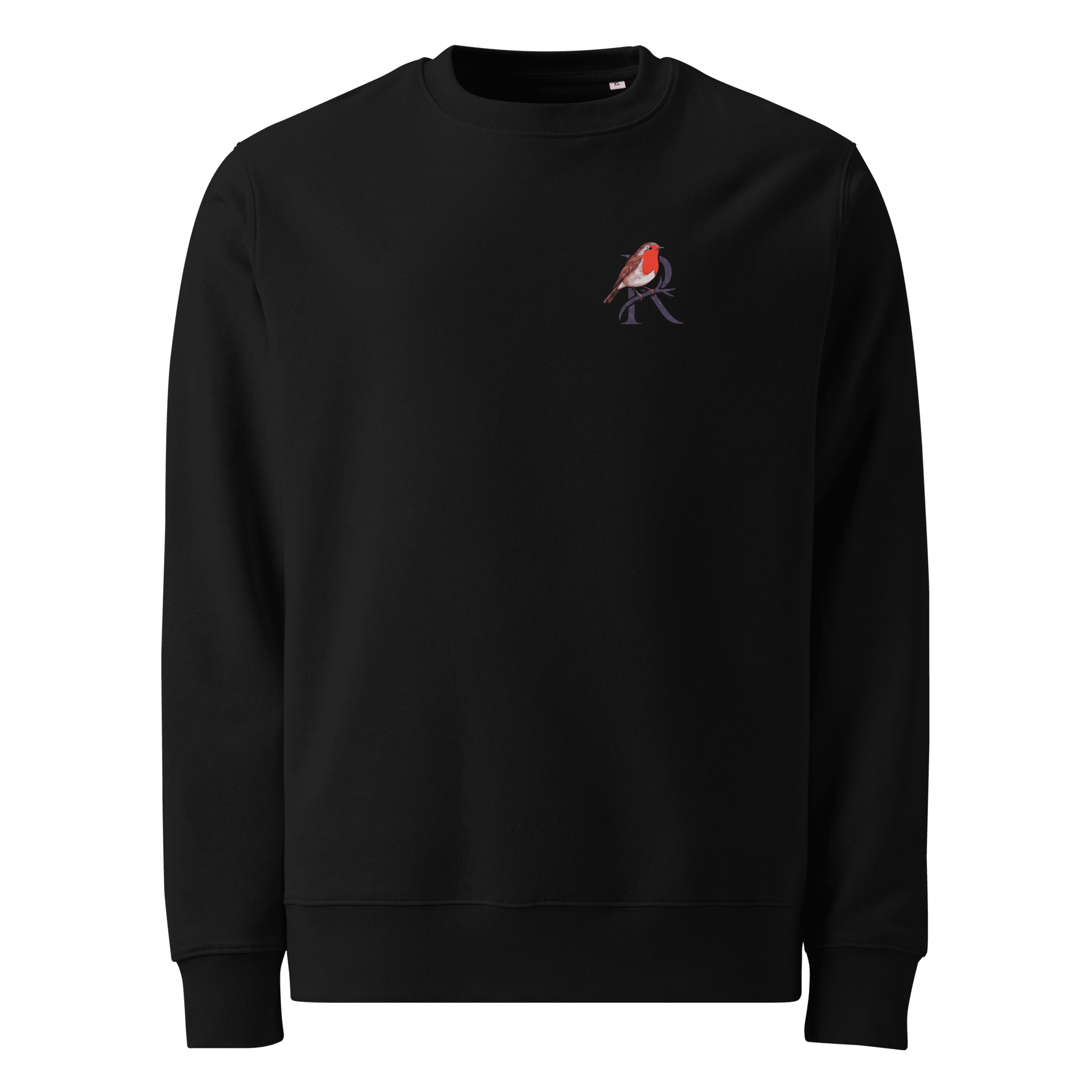 Held sweater, black — front view with small robin chest emblem — Ricki Robin
