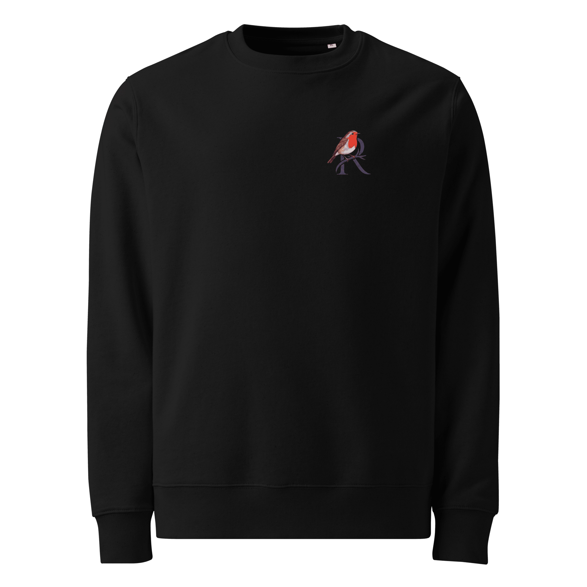 Made The Bed sweater, black — front view with small robin chest emblem — Ricki Robin
