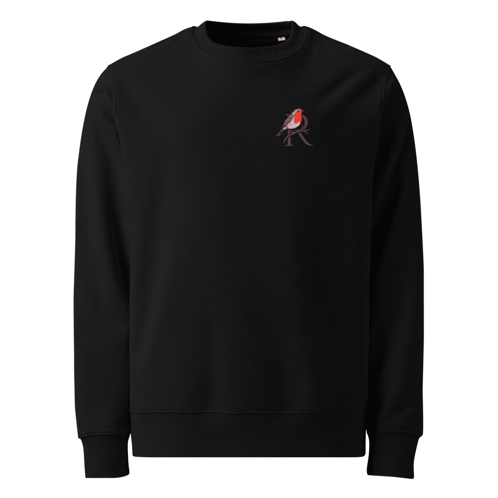 Made Anyway sweater, black — front view with small robin chest emblem — Ricki Robin