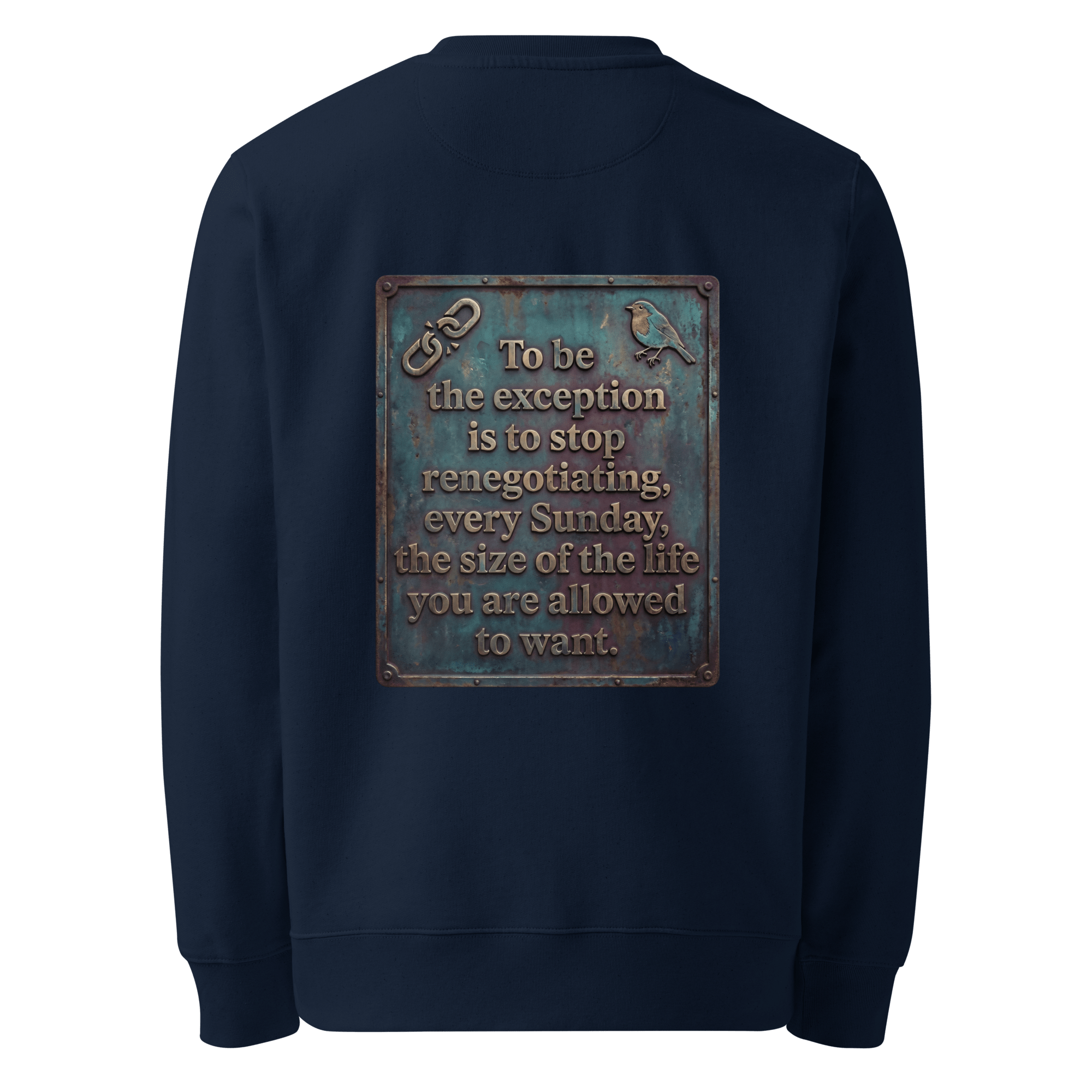 Stop Renegotiating sweater, French Navy — back view of dark leather slogan plate with chain detail and robin, reading "To be the exception is to stop renegotiating, every Sunday, the size of the life you are allowed to want." — Ricki Robin