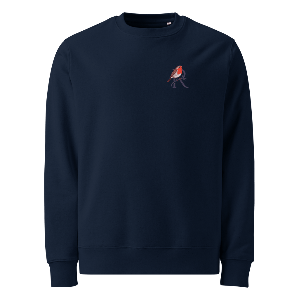 Quietly Smoothed sweater, French Navy — front view with small robin chest emblem — Ricki Robin