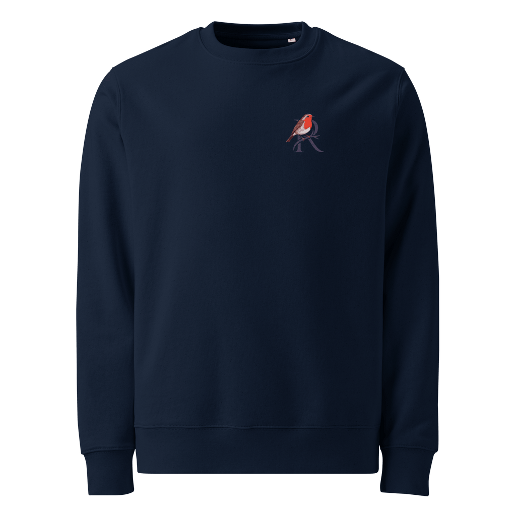 Set The Volume sweater, French Navy — front view with small robin chest emblem — Ricki Robin