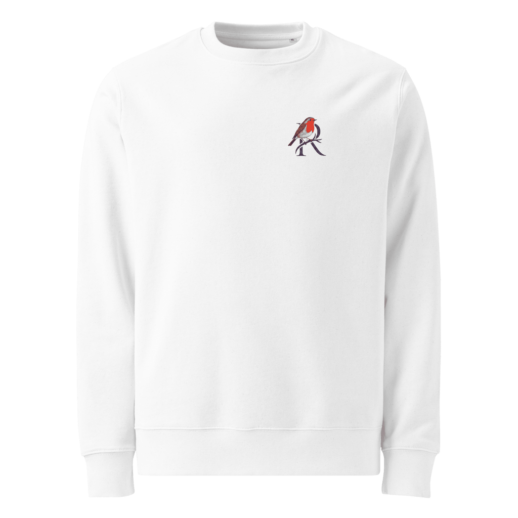 Stop Renegotiating sweater, white — front view with small robin chest emblem — Ricki Robin