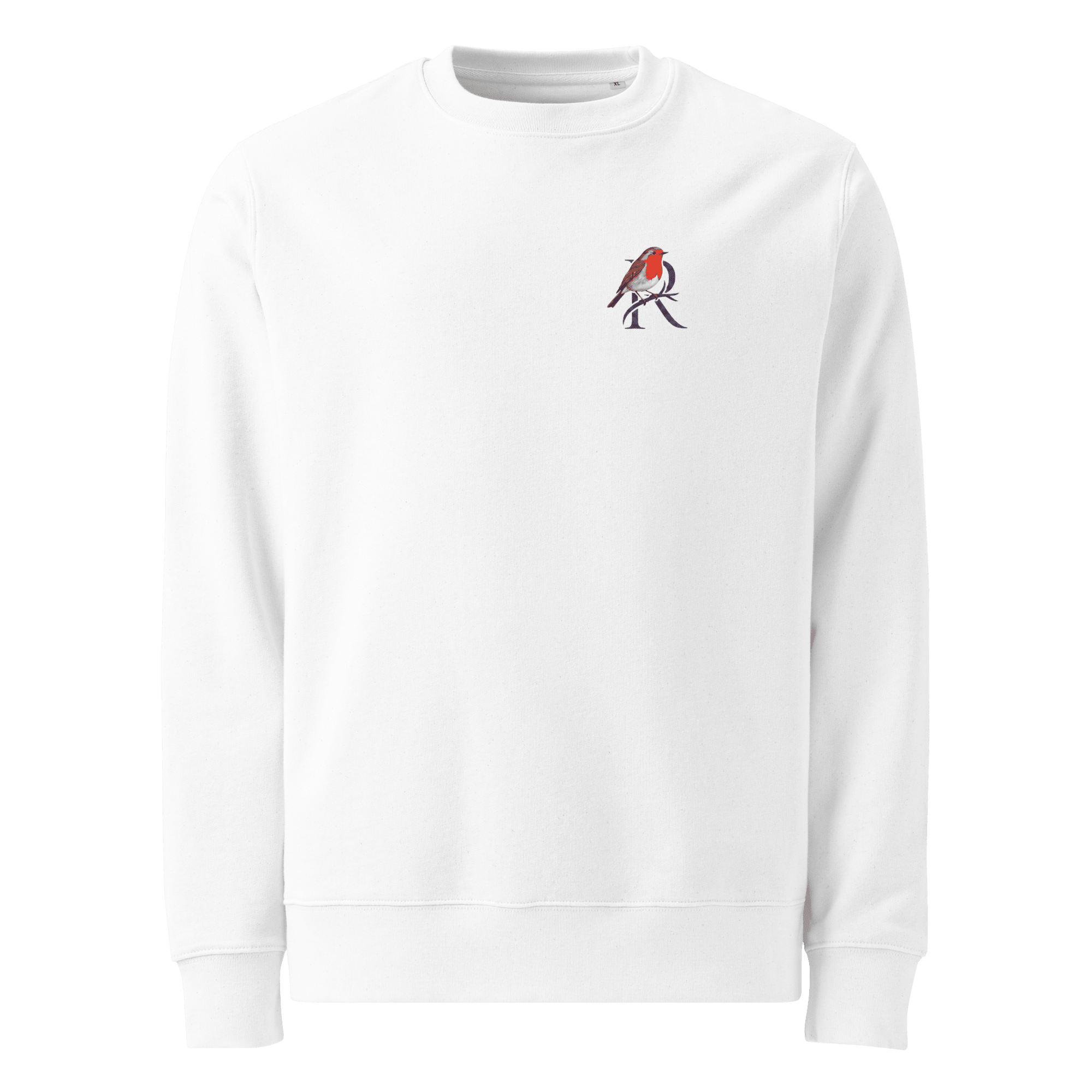 Stop Renegotiating sweater, white — front view with small robin chest emblem — Ricki Robin