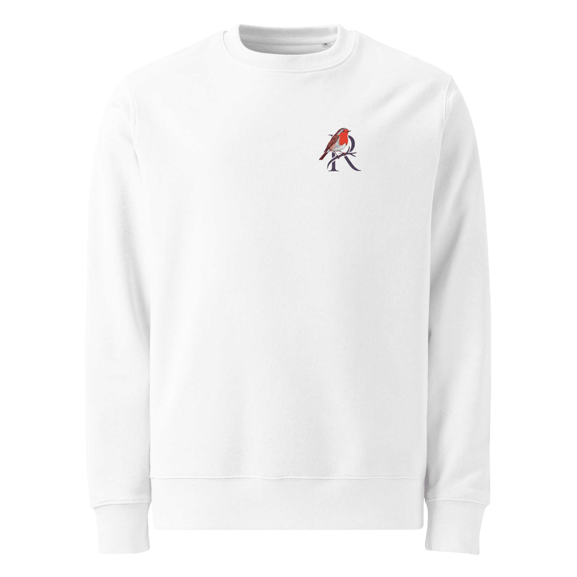 Quietly Held sweater, white — front view with small robin chest emblem — Ricki Robin