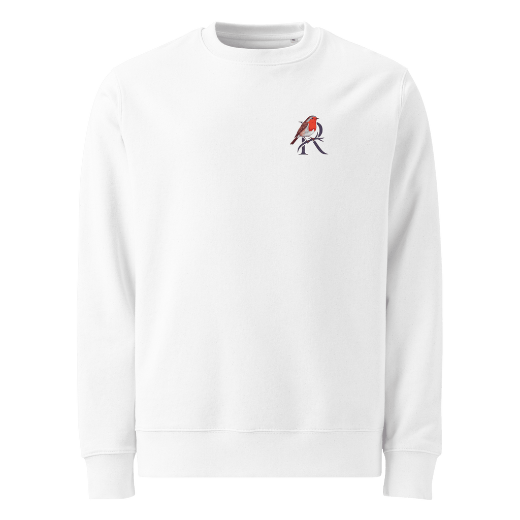 Made The Bed sweater, white — front view with small robin chest emblem — Ricki Robin