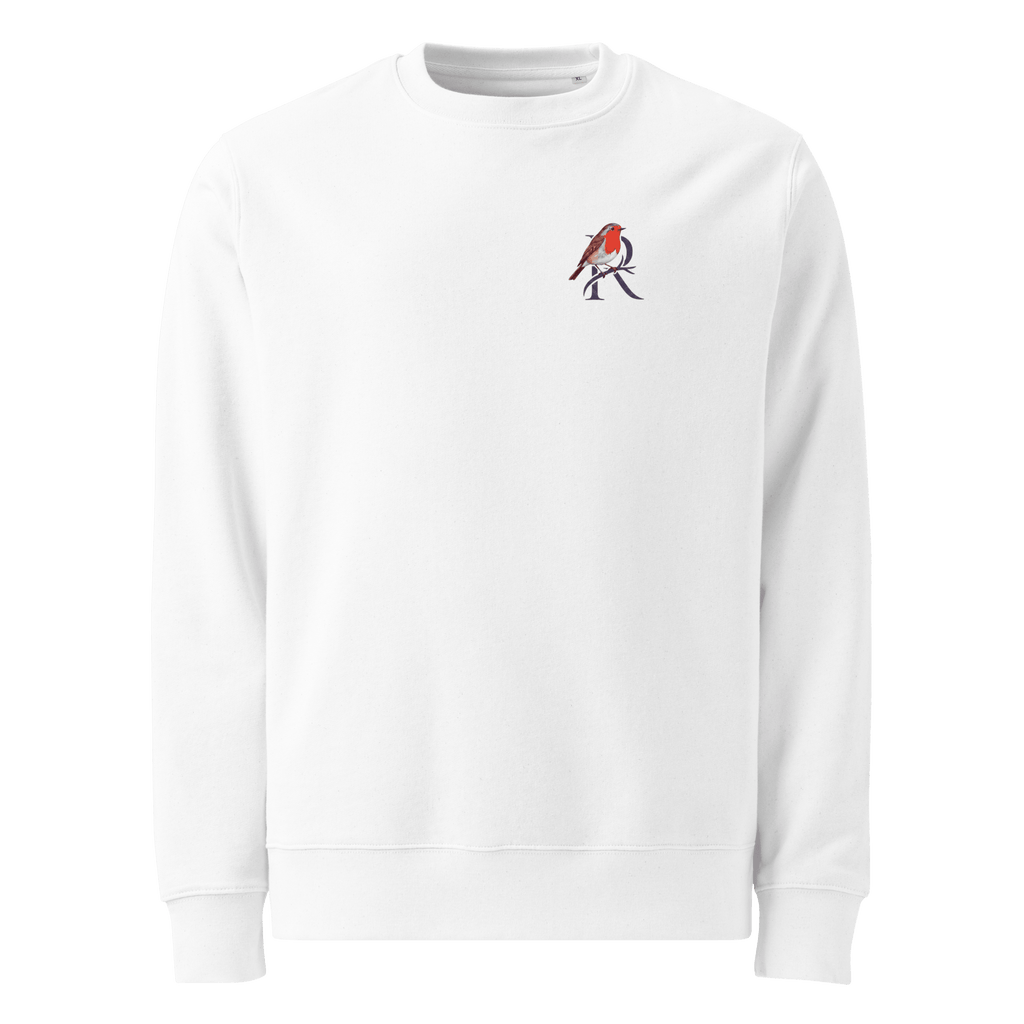 Made Anyway sweater, white — front view with small robin chest emblem — Ricki Robin