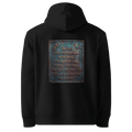 Stop Renegotiating hoodie, black — back view of dark leather slogan plate with chain detail and robin, reading "To be the exception is to stop renegotiating, every Sunday, the size of the life you are allowed to want." — Ricki Robin