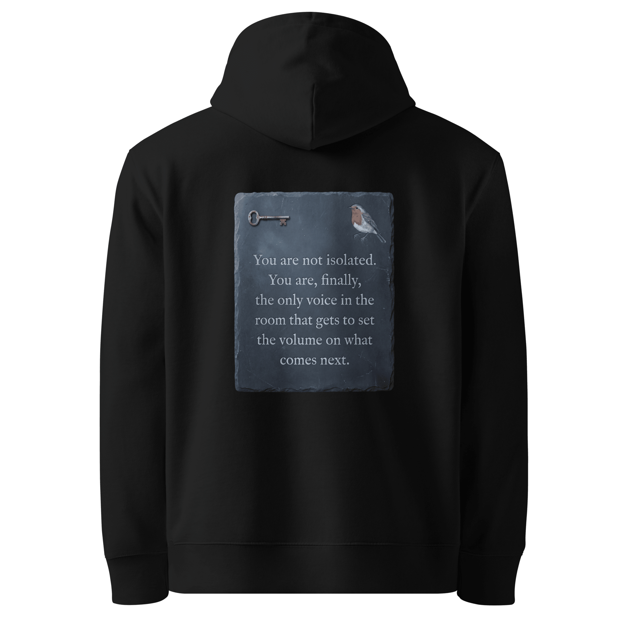 Set The Volume hoodie, black — back view of slate slogan plate with key and robin, reading "You are not isolated. You are, finally, the only voice in the room that gets to set the volume on what comes next." — Ricki Robin