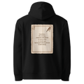 Made The Bed hoodie, black — back view of aged paper slogan plate with robin, reading "Somewhere, this morning, somebody made the bed of a person who, six months ago, had stopped believing the bed needed making." — Ricki Robin