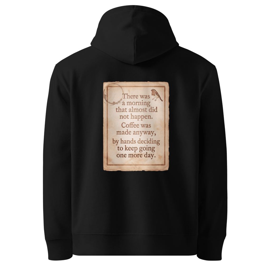 Made Anyway hoodie, black — back view of coffee-stained paper slogan plate with robin, reading "There was a morning that almost did not happen. Coffee was made anyway, by hands deciding to keep going one more day." — Ricki Robin