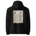 Quietly Smoothed hoodie, black — back view of marble slogan plate with fingerprint and robin, reading "Years from now, somebody will inherit a doorway that opens easier, and never know whose hands quietly smoothed the hinge." — Ricki Robin