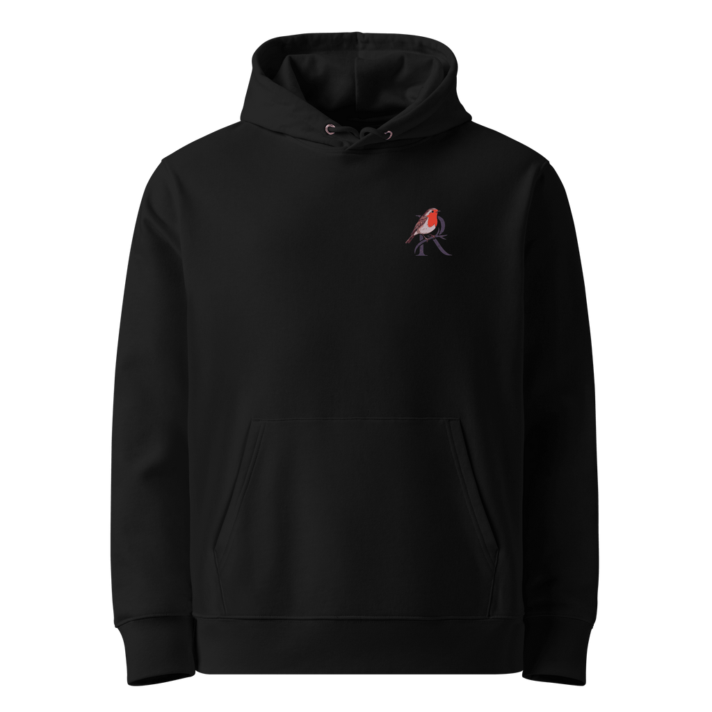 Set The Volume hoodie, black — front view with small robin chest emblem — Ricki Robin