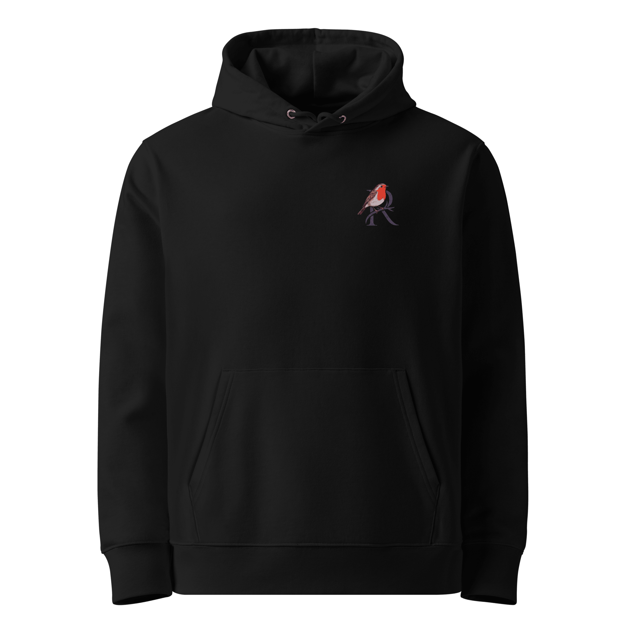 Set The Volume hoodie, black — front view with small robin chest emblem — Ricki Robin