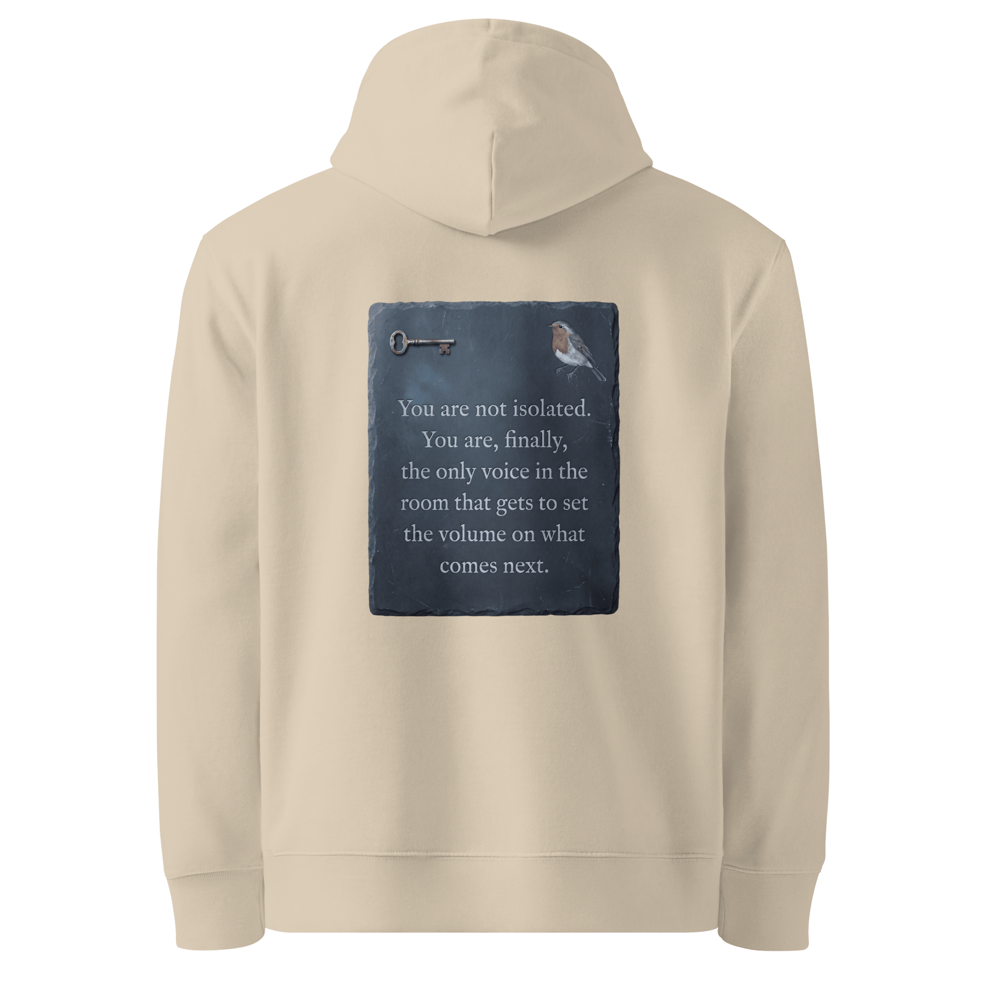 Set The Volume hoodie, Desert Dust — back view of slate slogan plate with key and robin, reading "You are not isolated. You are, finally, the only voice in the room that gets to set the volume on what comes next." — Ricki Robin