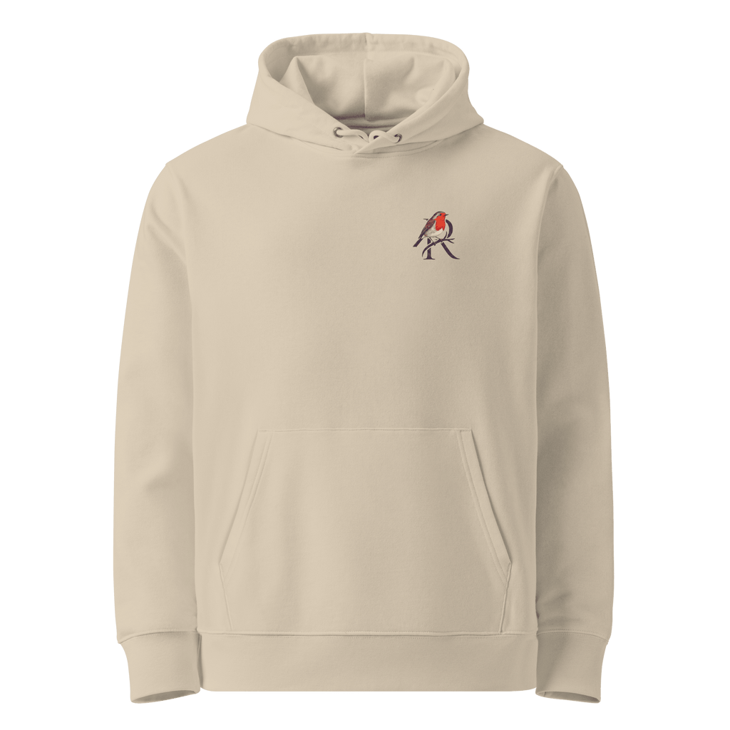 
Quietly Held hoodie, Desert Dust — front view with small robin chest emblem — Ricki Robin