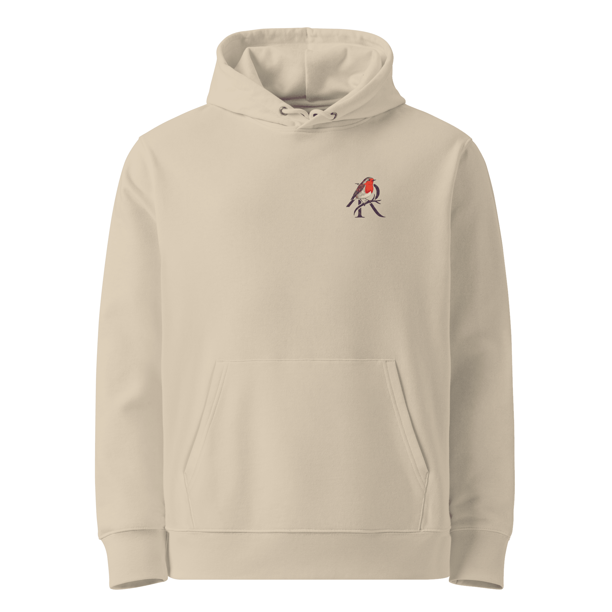 
Quietly Held hoodie, Desert Dust — front view with small robin chest emblem — Ricki Robin