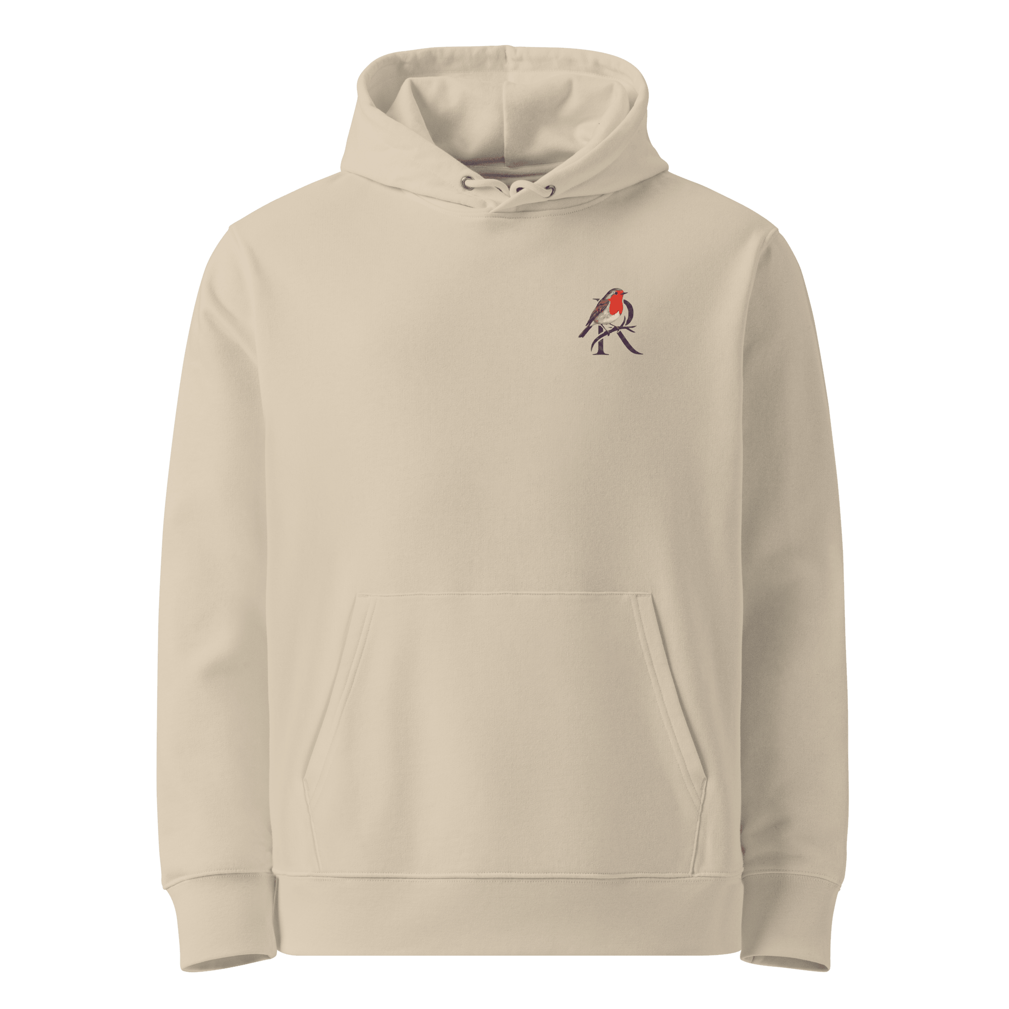 Made Anyway hoodie, Desert Dust — front view with small robin chest emblem — Ricki Robin
