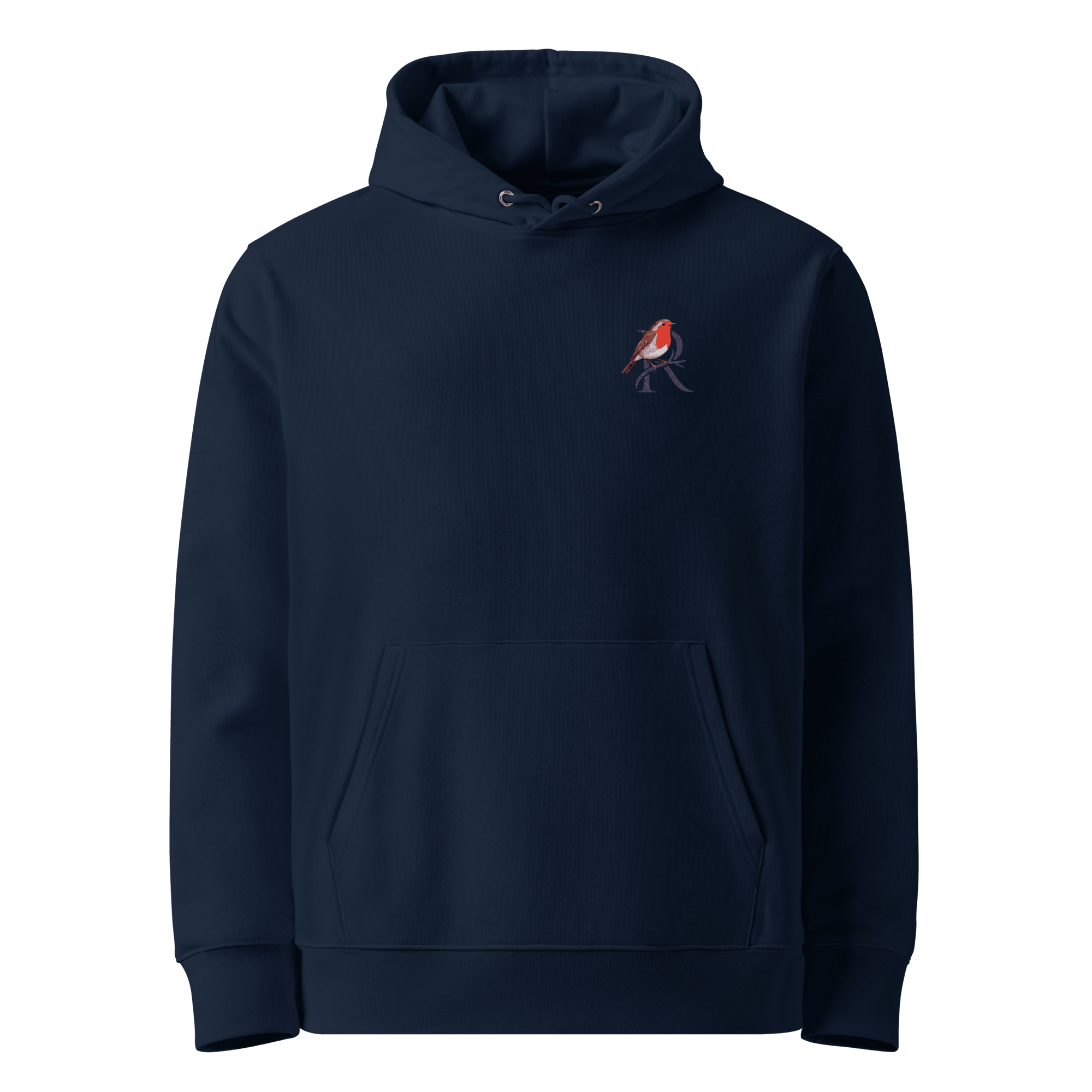 Set The Volume hoodie, French Navy — front view with small robin chest emblem — Ricki Robin