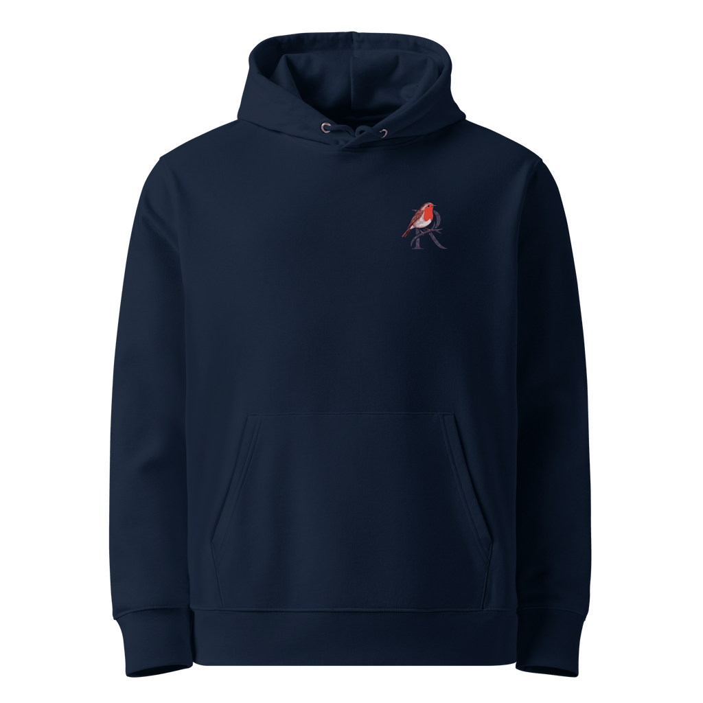 Quietly Smoothed hoodie, French Navy — front view with small robin chest emblem — Ricki Robin