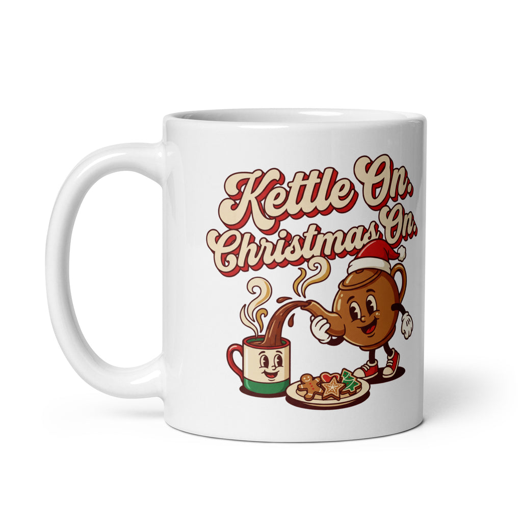 Kettle On Christmas On Christmas mug, handle on left